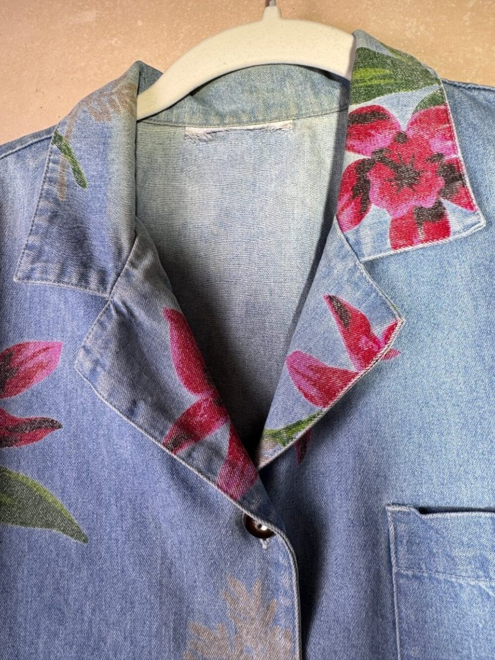 Tropical Floral Chambray Denim Camp Shirt Boxy M - Picture 7 of 11